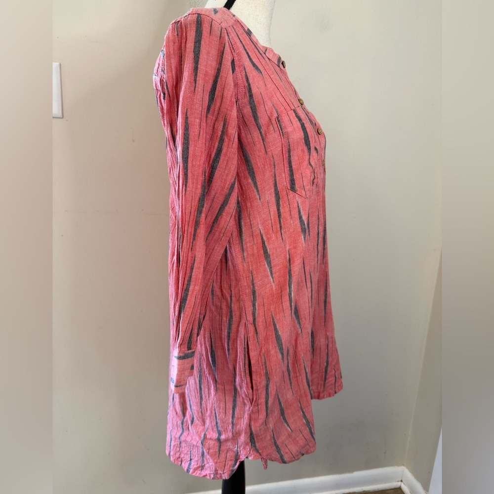 Pinkish Red Striped Linen Button-Front Top - Picture 2 of 11